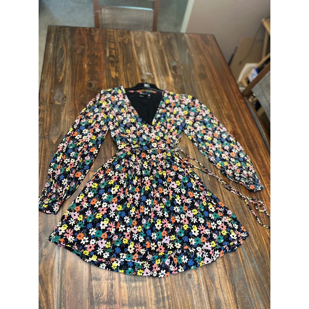 Skater Mini Dress ASOS DESIGN Floral Print  Long Sleeve‎ Wrap Tie Black Size 6